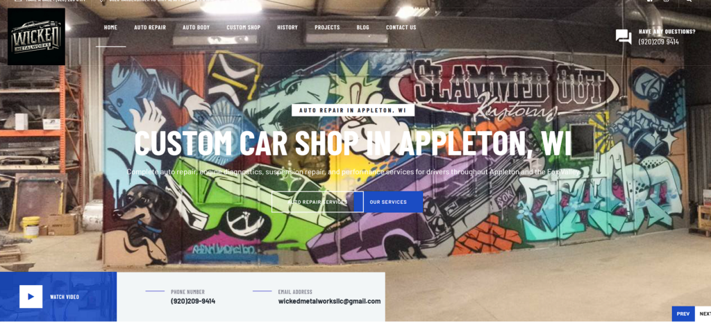 Wicked Metalworks website design featuring auto repair and custom services in Appleton WI